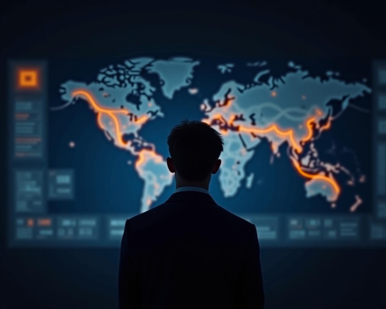 Logistics professional analyzing shipping routes on a digital screen